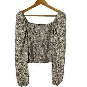 Hesperus Long Sleeve Crop Blouse Puff Sleeve Half Shirt Ruched - L